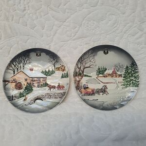 VTG E&R Golden Crown West Germany Winter Scene Plates Set of Two 9 Inch 1950s